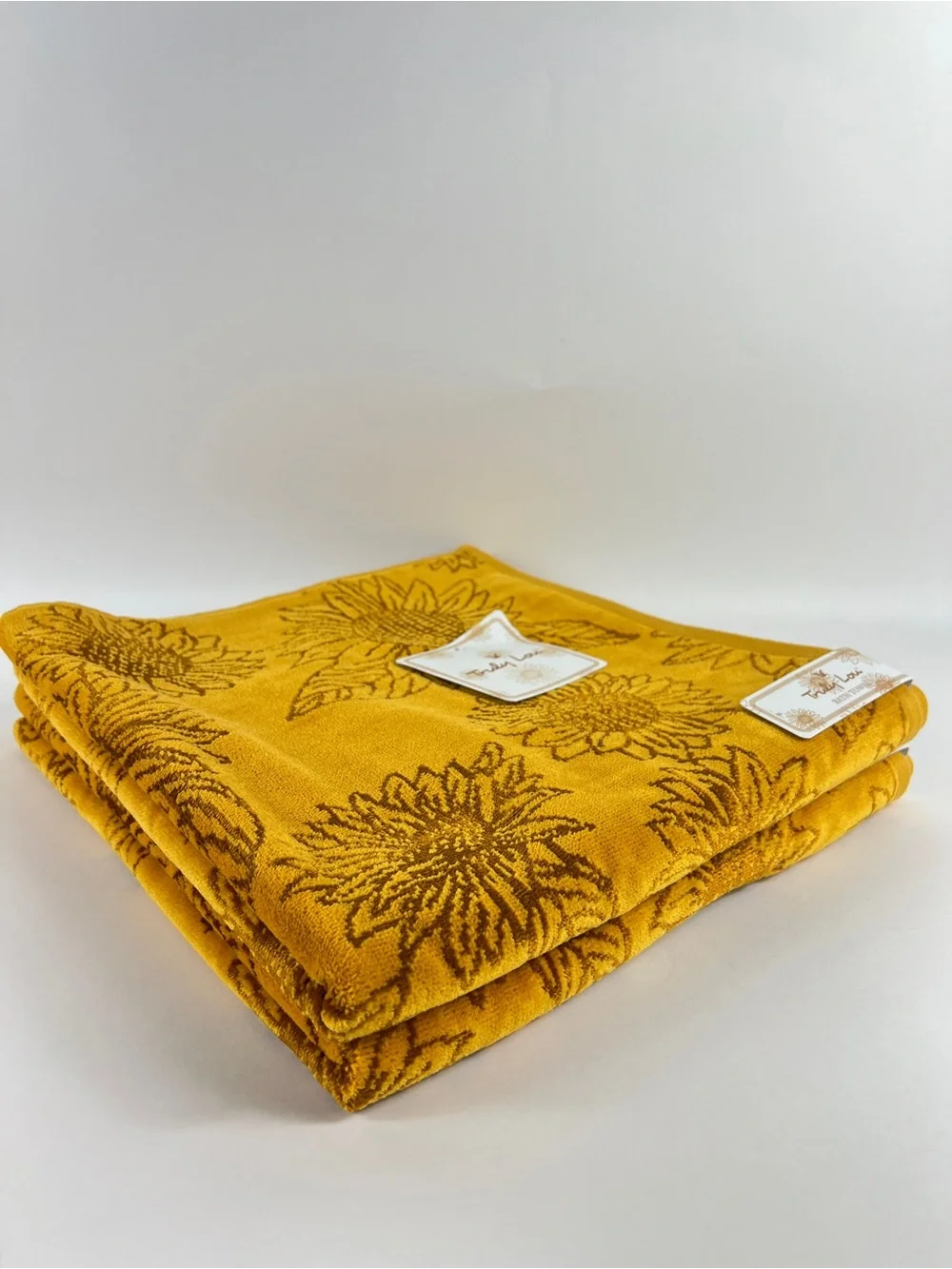 Truly Lou Bath Towels FALL Sunflowers Gold Brown Soft Velour Cotton 2 Pc NEW